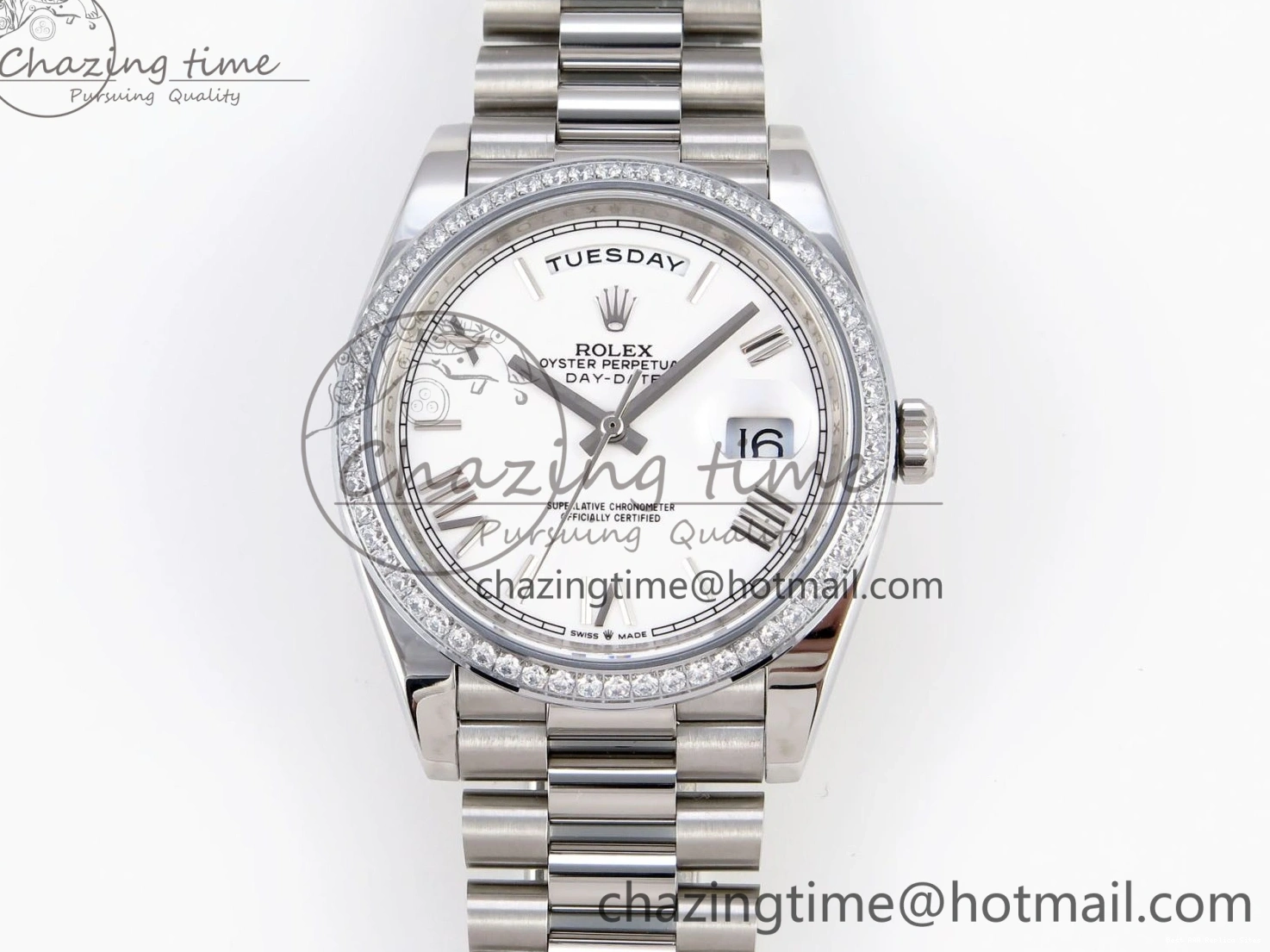 Good Copy Rolex Watches GSF Dial Bezel White Sustainable A 1920 40 SS Roman on Weight DayDate Diamonds Bracelet Gain President 1227